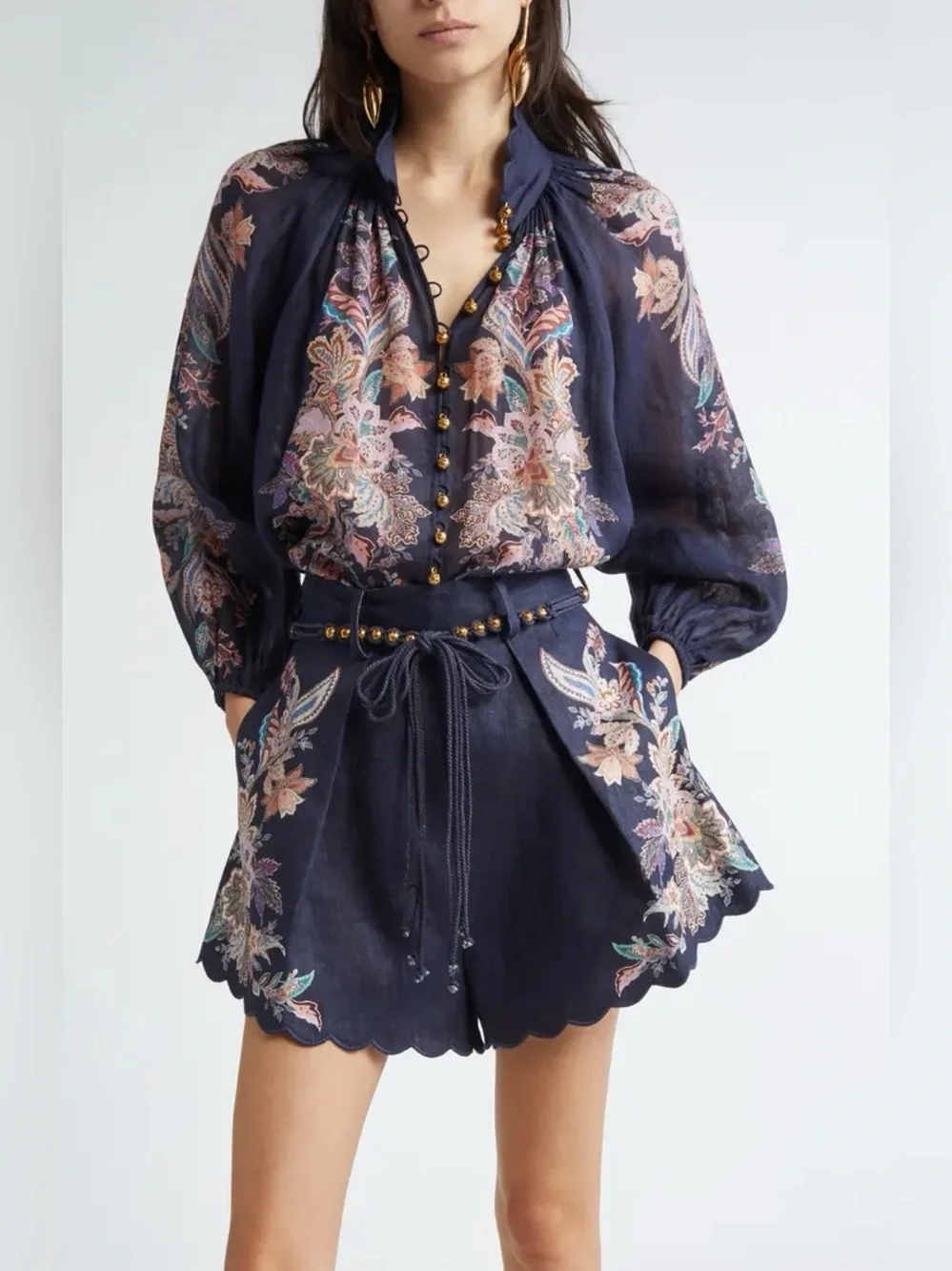 Zimmermann Rhiannon Billow Blouse 100% Ramie Paisley Boho Sheer Navy Top M - Picture 4 of 14